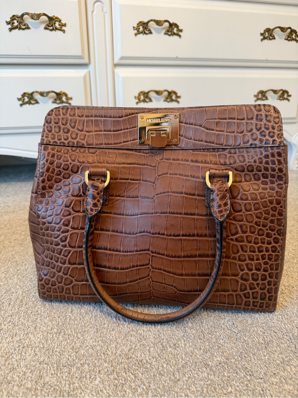 Michael Kors Brown Croc-Embossed Leather Satchel with Gold Hardware
